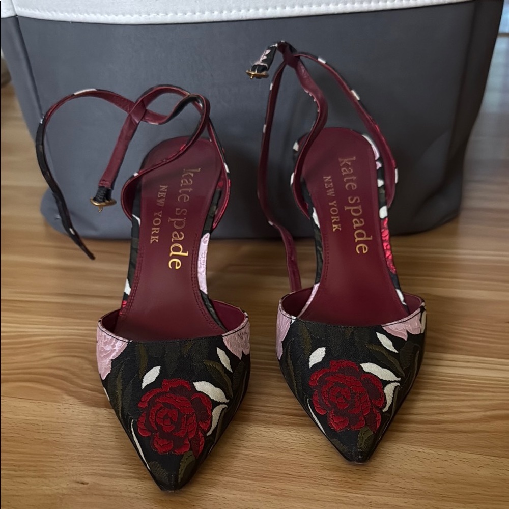 kate spade Black Floral Pointed-Toe Ankle-Strap Pumps with Red Roses